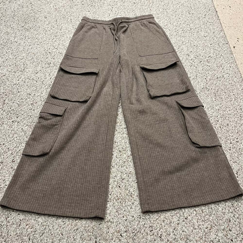 Halara Ribbed Mid Rise Wide Leg Cargo Pants L Brown Casual Drawstring Utility